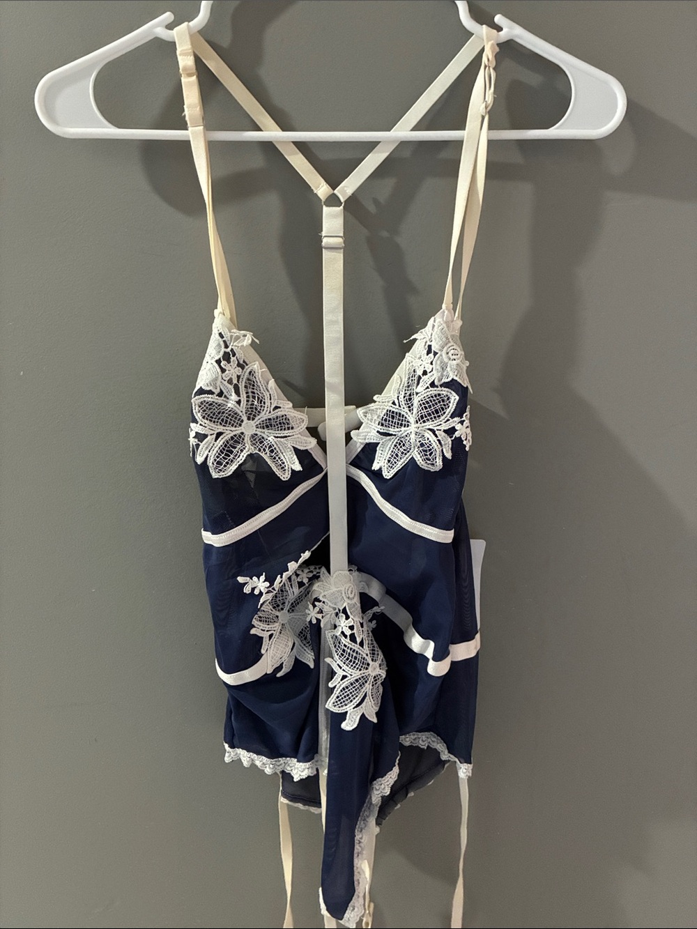 Navy Chemise with Cream Lace Appliqué - Brand Unspecified